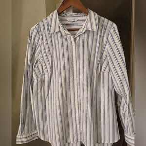 Nine West Women's White and Blue Striped Button Down Shirt